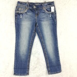 Maurices‎ Womens Jeans Bethany Capri Blue Denim Jeweled Stone Flap Pocket 6 New